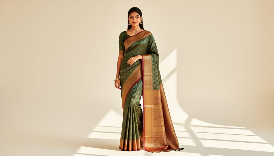 Petite woman wearing a deep magenta and gold semi Kanchipuram silk saree with elegant drape in soft studio light