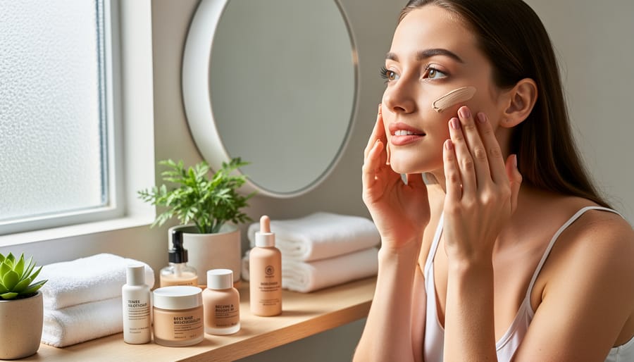 Petite woman applying CC cream and mineral powder in natural window light