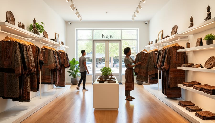 Boutique retail aisle with hanging sarees and women’s apparel on racks with warm lighting