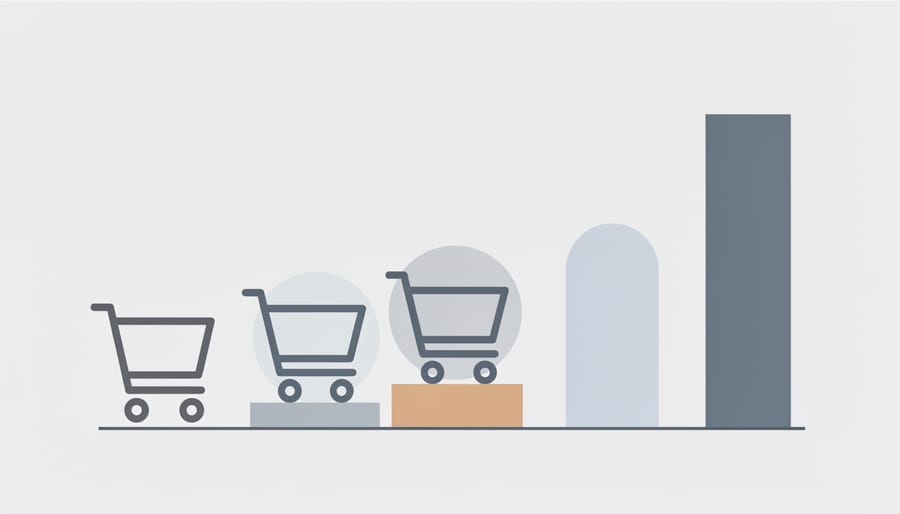 Overhead view of neatly arranged shopping bags with beauty and fashion items arranged as saved-for-later options