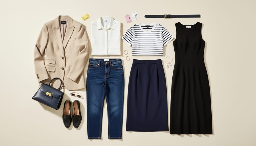 Folded secondhand petite-friendly clothing items laid out in a tote on a table.