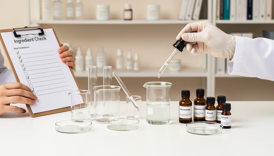 Clean skincare testing setup with dropper, spatula, cotton pads, and notebook on a white counter