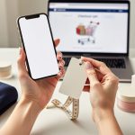 Petite shopper’s hands using a measuring tape and smartphone to verify size and purchase details before buying online.