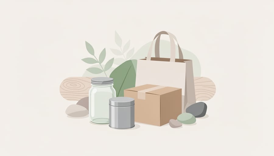 Reusable skincare pouch and glass jar with wooden lid next to a plant in warm sunlight