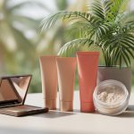Mineral makeup and skincare products arranged on a light vanity with a compact mirror and a palm-leaf plant in soft natural light.