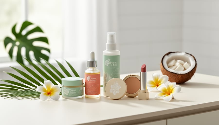 Skincare and makeup items arranged on a vanity with a compact mirror and palm-leaf plant in soft natural light