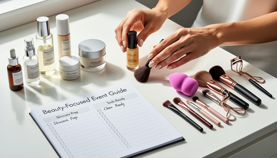 Beauty vanity essentials, skincare jar, makeup brushes, compact, and hair clip, arranged on a marble countertop.
