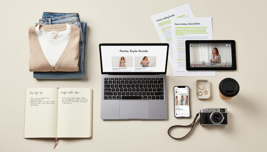 Neatly folded clothing and a budget notebook next to a smartphone with an unreadable newsletter screen