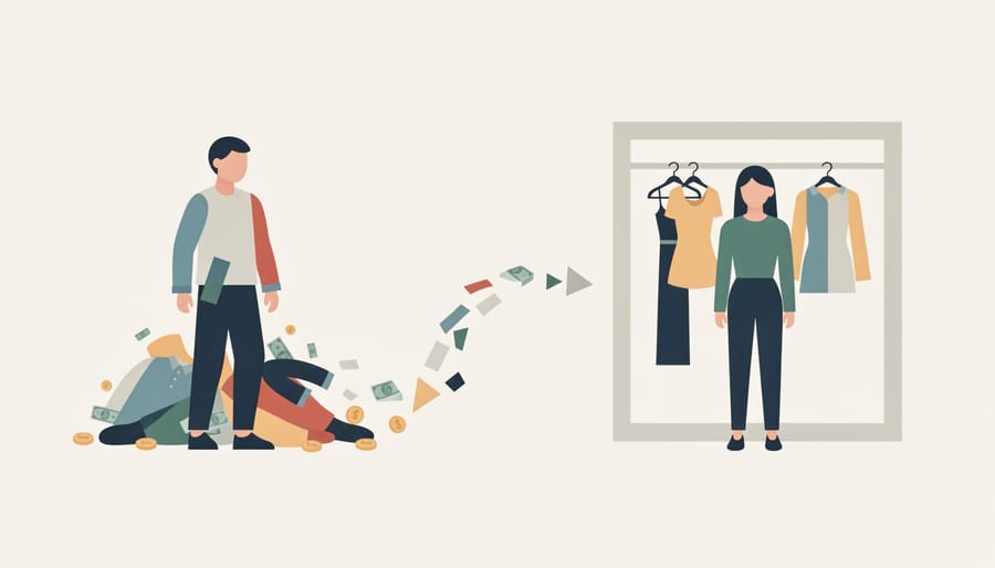 Conceptual split scene of messy clothing piles versus neatly folded well-fitting basics and measuring tape