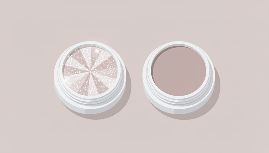 Close-up of hands holding a jar of pearly shimmer pigment and a jar of matte powder
