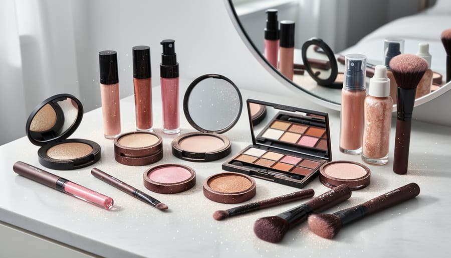 Makeup bag open on a vanity with shimmer foundation, eye shadow, powder, and lipstick reflecting light
