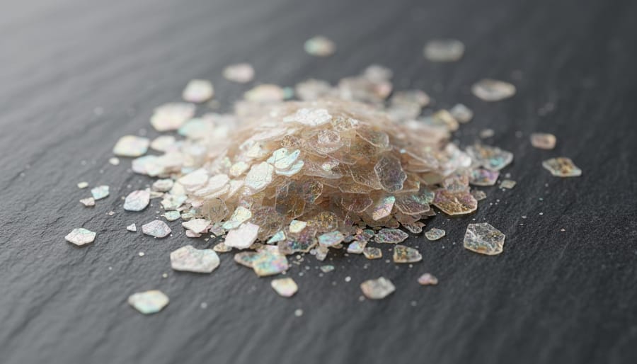 Macro view of shiny mica flakes scattered on dark slate stone