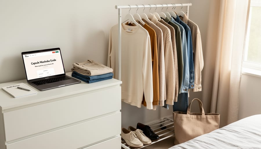 Capsule wardrobe items arranged on a bedroom chair for petite styling