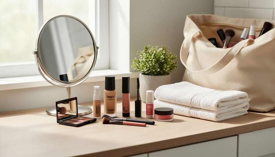 Makeup products arranged neatly on a vanity counter including a foundation bottle, compact mirror, and blending sponge