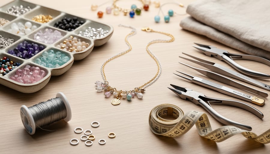 Macro view of handmade earring set on dark velvet with jewelry tools and materials on workbench