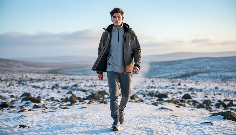 Petite woman wearing relaxed technical winter layers outdoors near a snowy trail