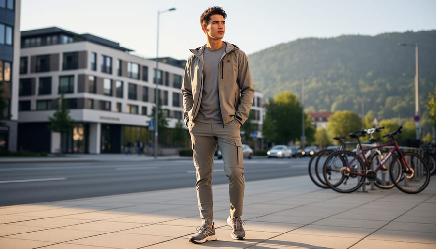 Petite woman wearing a relaxed technical jacket and thermal base outfit on a city sidewalk