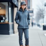 Petite woman wearing relaxed technical jacket and thermal base pants on a city sidewalk in soft daylight.