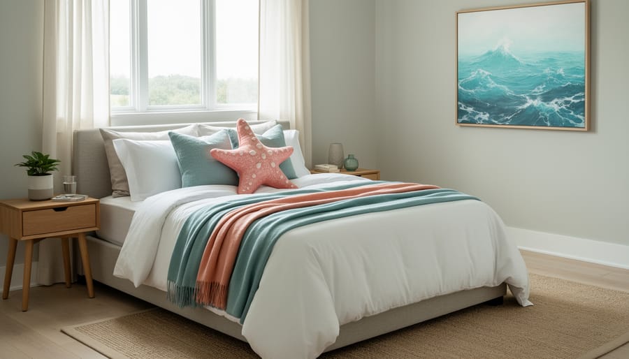 Cozy bedroom corner with seafoam-green blanket and starfish-shaped plush pillow in soft natural light