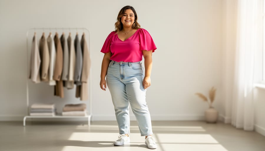 Hot-pink character-themed t-shirt and jeans styled on a bed with soft window light