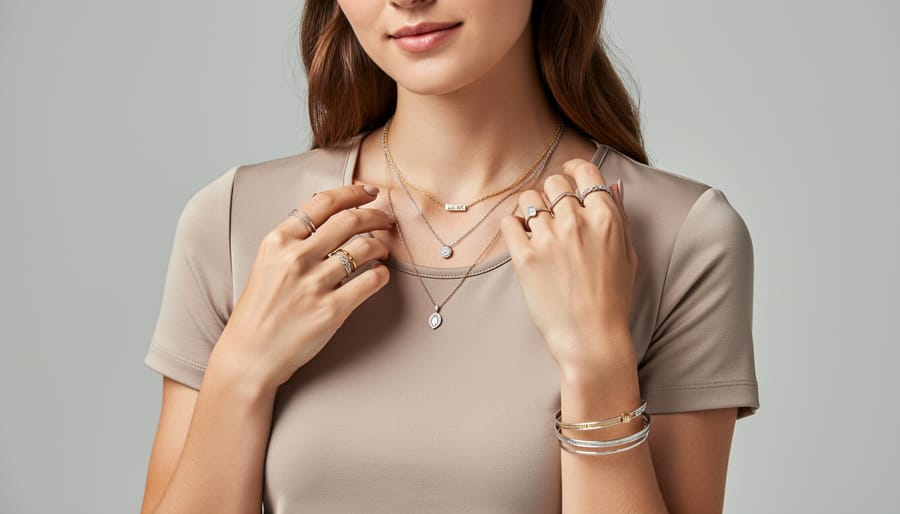 Petite model wearing layered delicate pendant necklace, charm bracelet, and adjustable ring