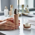 Woman’s hands holding a prestige skincare bottle and a foundation compact on a vanity counter in soft natural light.