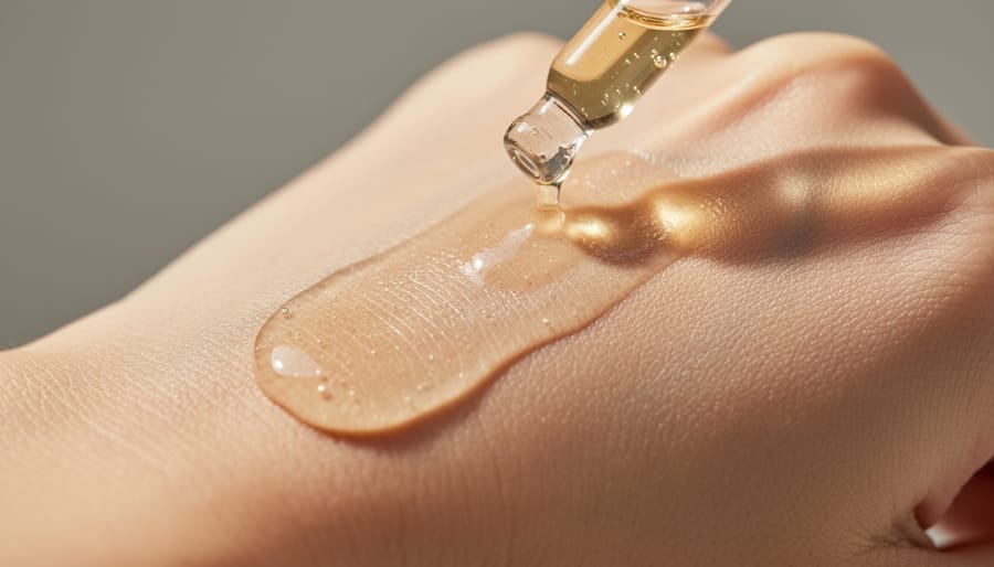 Close-up of skincare serum drop being dispensed onto fingertips.
