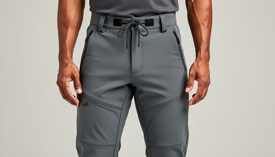 Close-up of thermal base pants with adjustable waist fabric and textured technical material