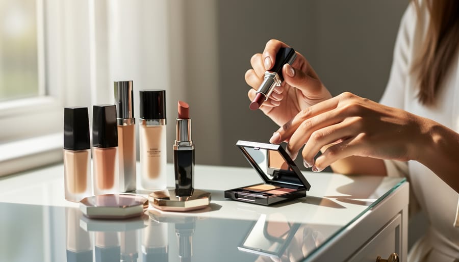 Woman’s hands holding a skincare bottle and foundation compact on a vanity counter.